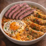 Cheese Lava Egg Beef Noodles with creamy sauce and egg topping
