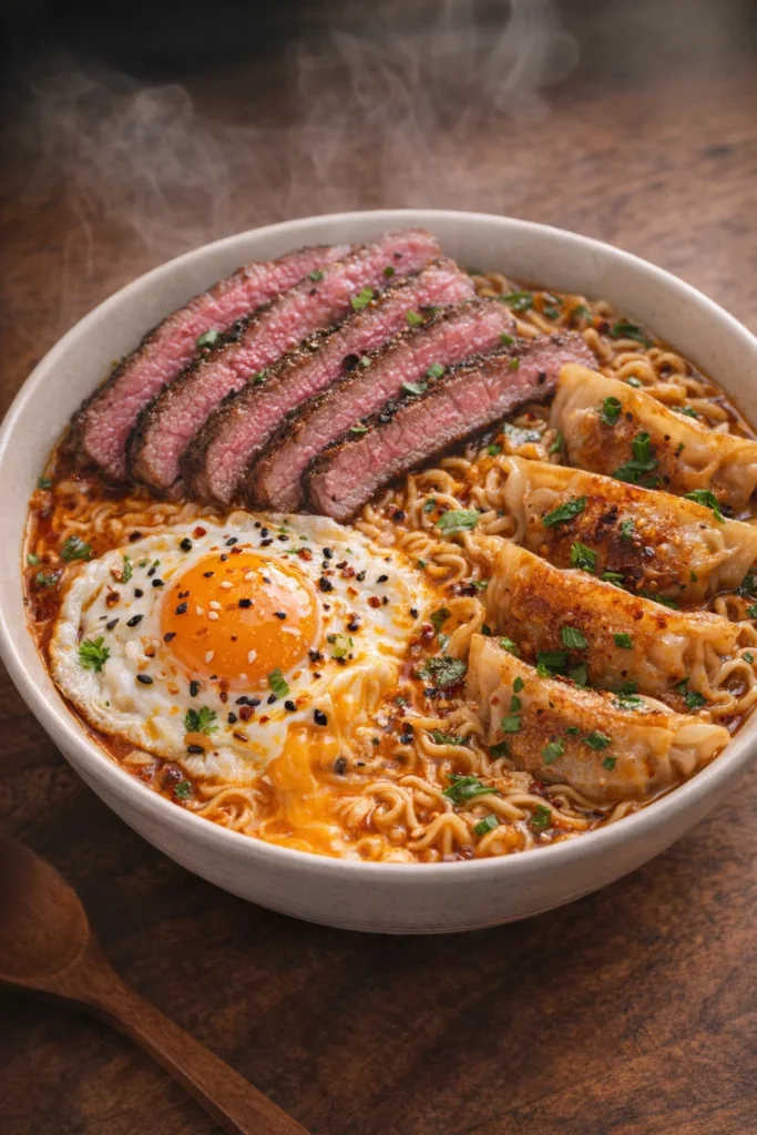 Cheese Lava Egg Beef Noodles with creamy sauce and egg topping