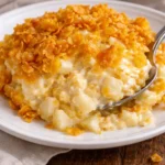 Baked cheesy potatoes ready to serve at a family gathering or event.