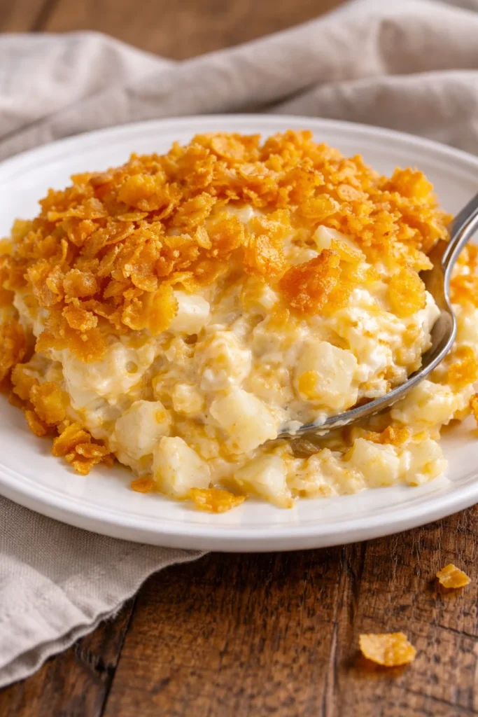 Baked cheesy potatoes ready to serve at a family gathering or event.