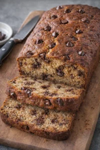 Delicious slice of chocolate chip banana bread on a wooden table
