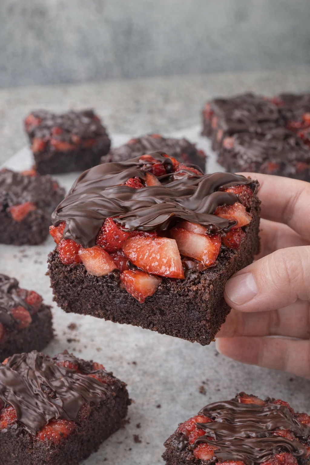 Delicious chocolate covered strawberry brownies on a plate