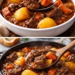 Bowl of classic homemade beef stew with vegetables and herbs