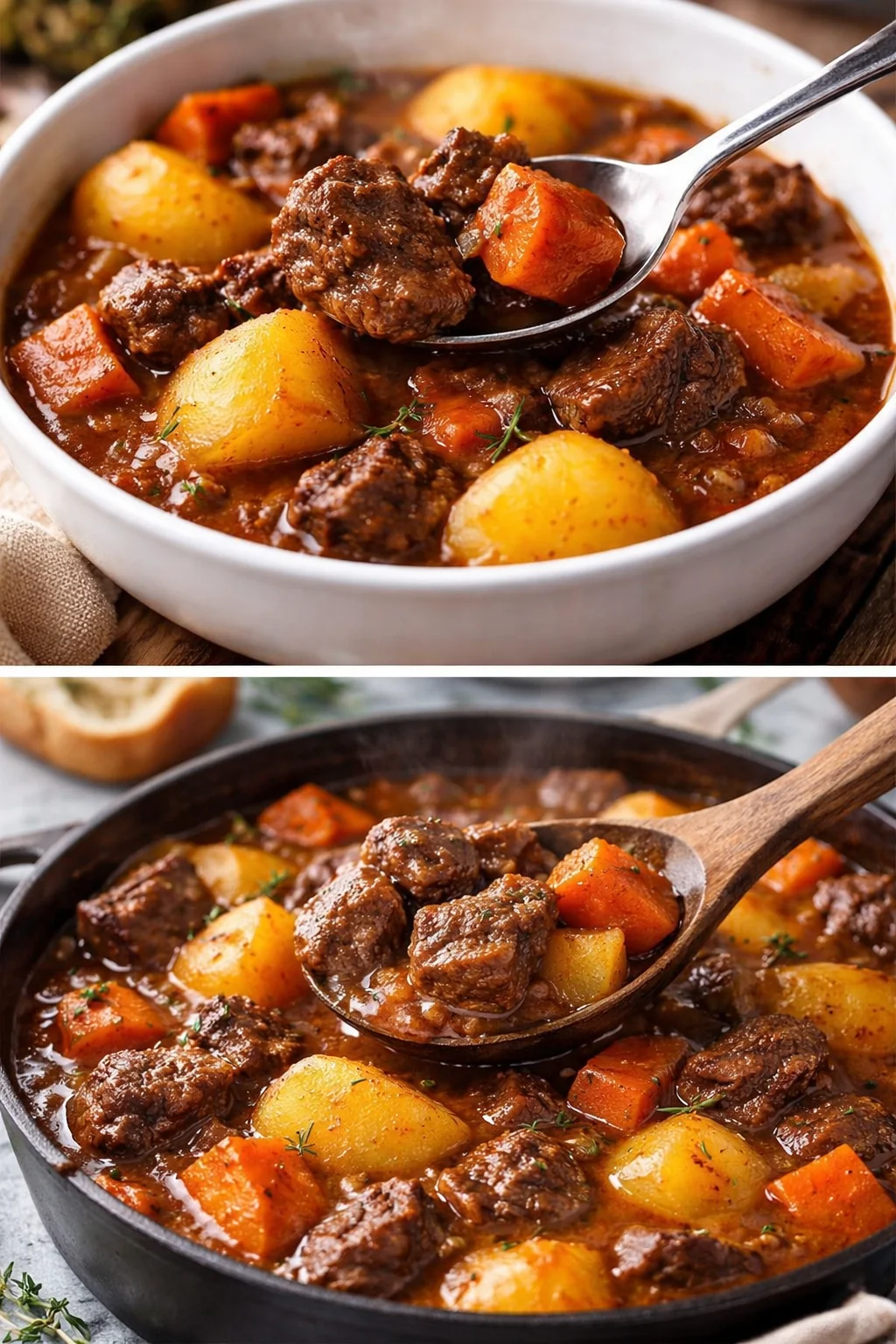 Bowl of classic homemade beef stew with vegetables and herbs