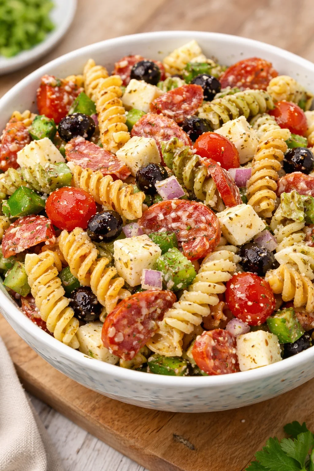 Classic Pasta Salad with fresh vegetables and dressing