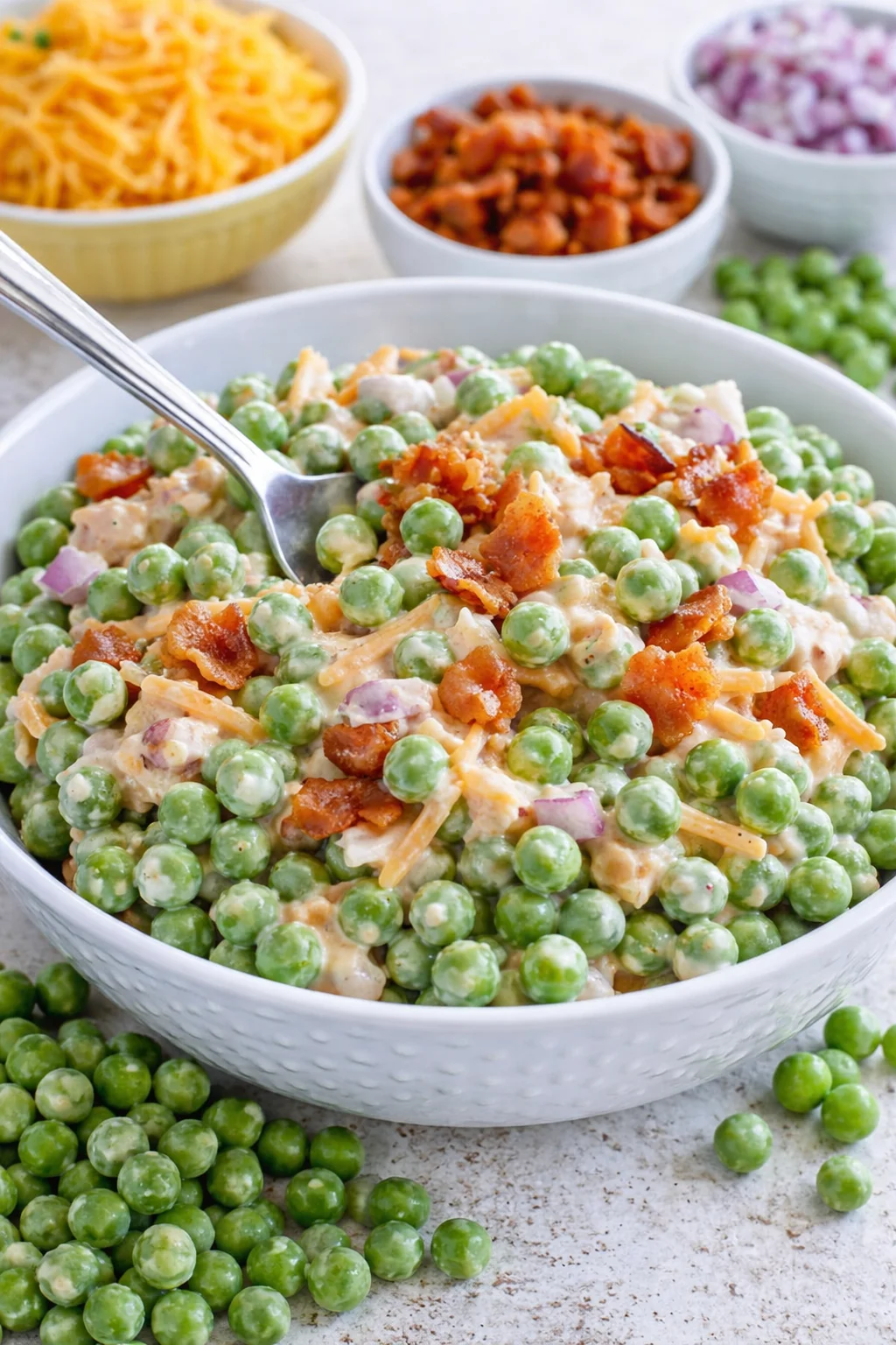Delicious Cold Green Pea Salad with fresh ingredients and vibrant colors.