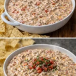 Delicious Cream Cheese Rotel Dip served in a bowl with tortilla chips.