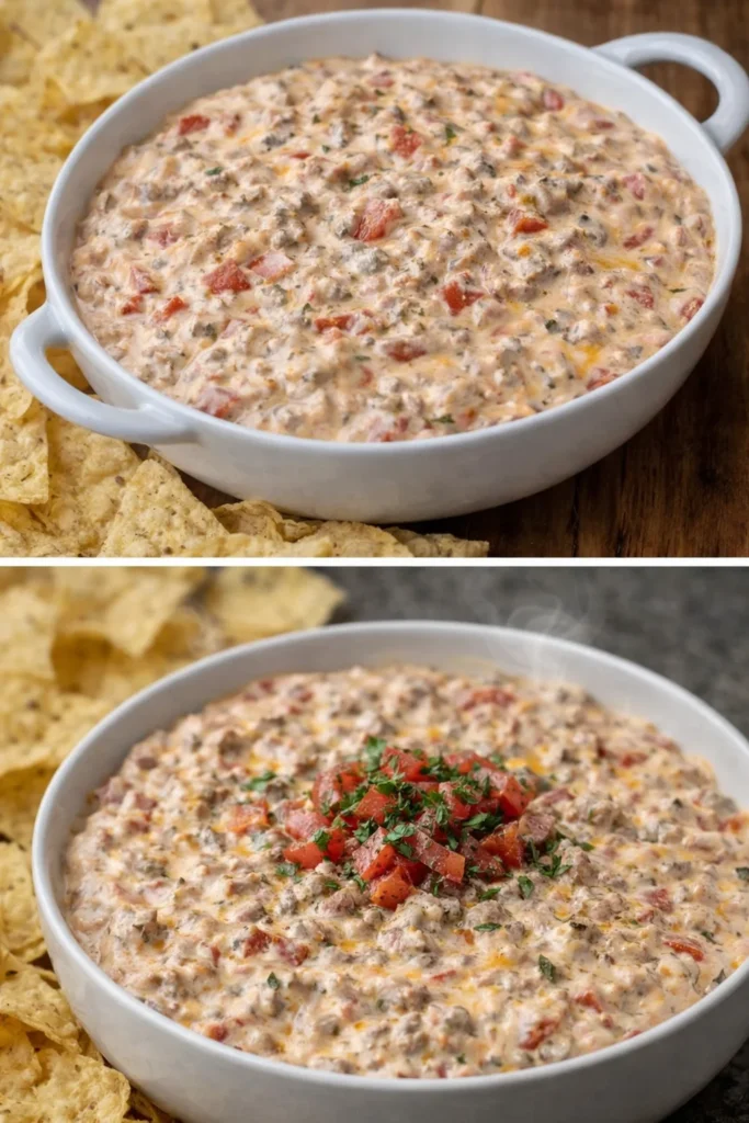 Delicious Cream Cheese Rotel Dip served in a bowl with tortilla chips.
