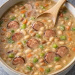 Delicious creamy bean soup with sausage served in a bowl