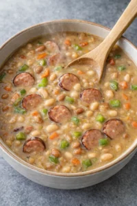 Delicious creamy bean soup with sausage served in a bowl
