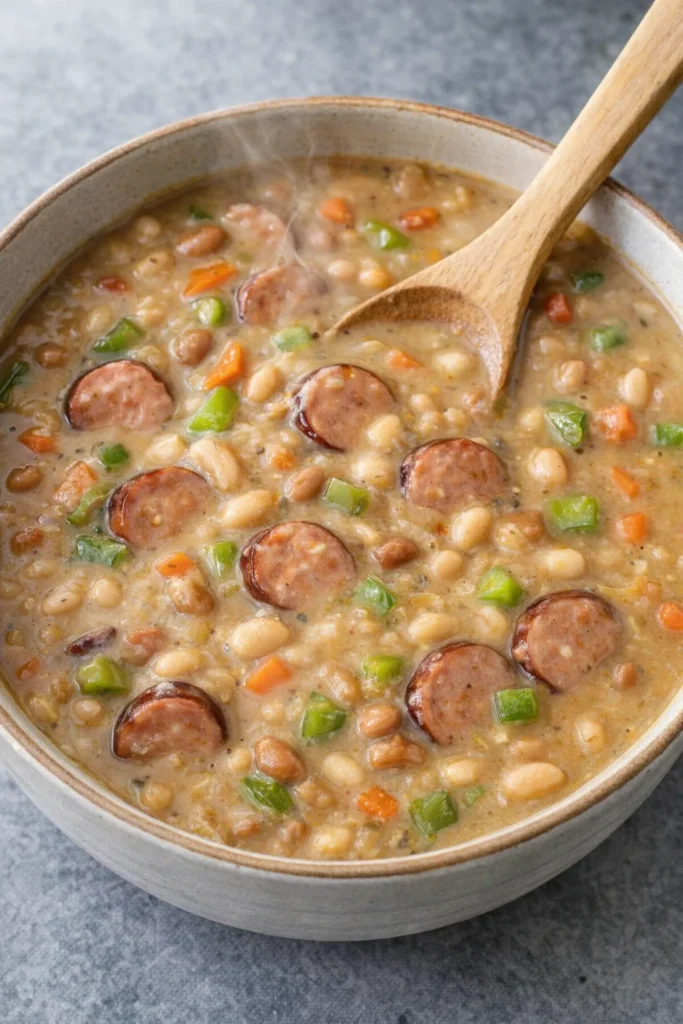 Delicious creamy bean soup with sausage served in a bowl
