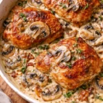 Creamy chicken thighs with bacon mushroom thyme sauce on a plate