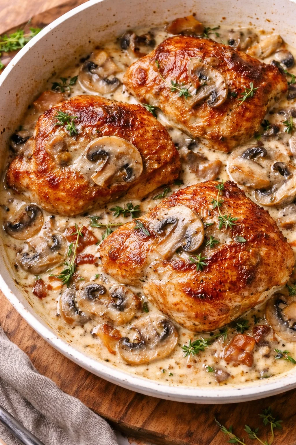 Creamy chicken thighs with bacon mushroom thyme sauce on a plate