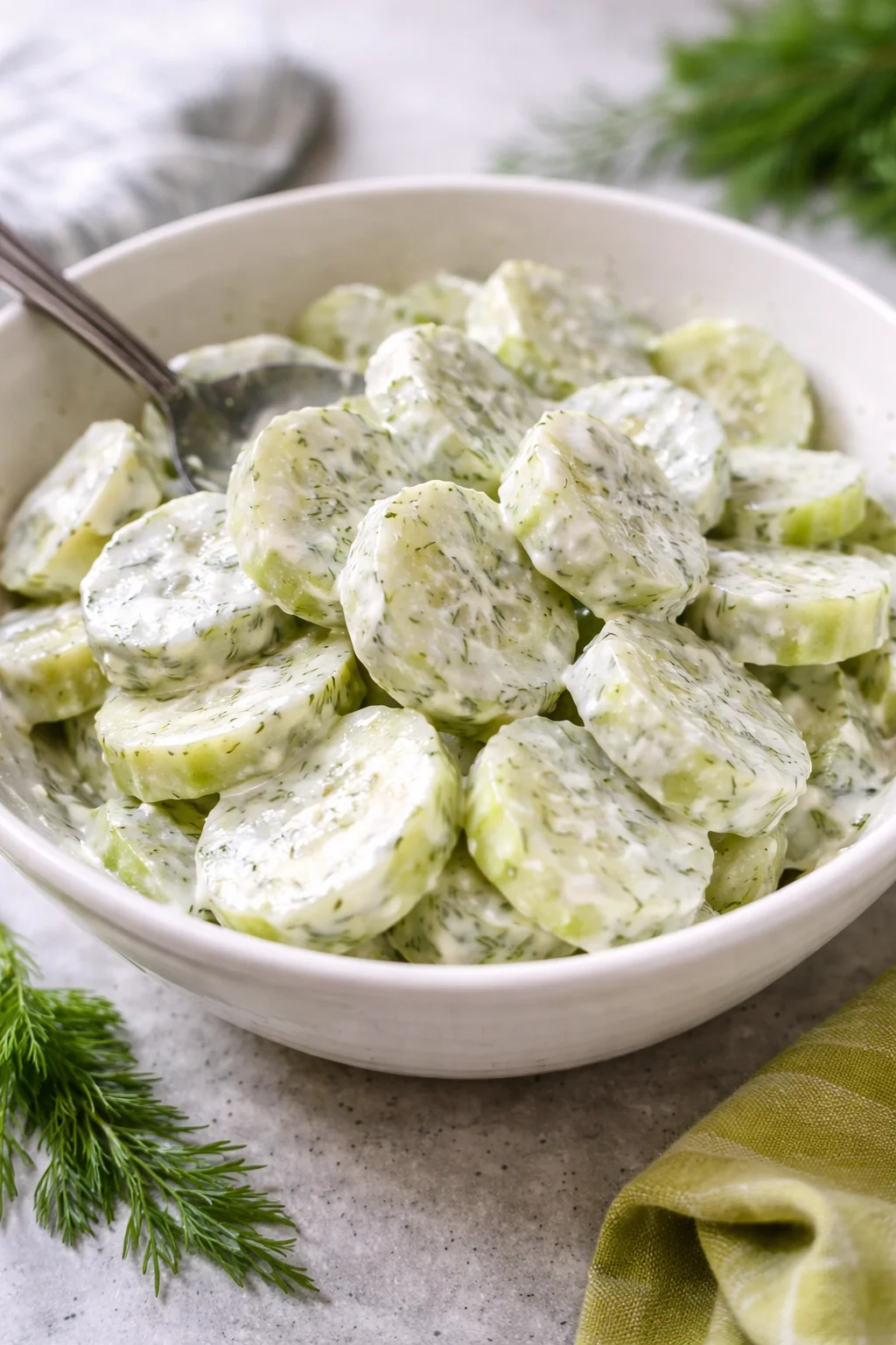 Creamy cucumber salad served in a bowl with fresh herbs