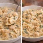 Creamy dairy-free chicken alfredo served with herbs and pasta