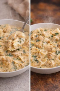 Creamy dairy-free chicken alfredo served with herbs and pasta
