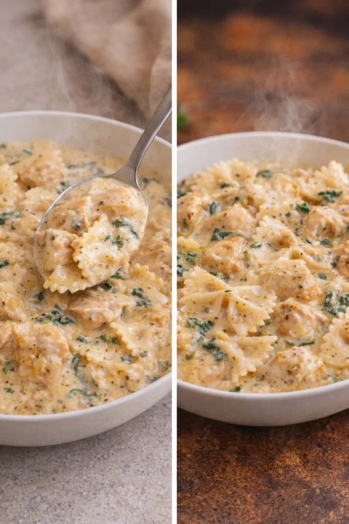 Creamy dairy-free chicken alfredo served with herbs and pasta