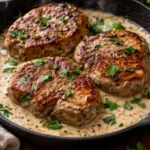 Creamy garlic pork chops on a plate with garnishes