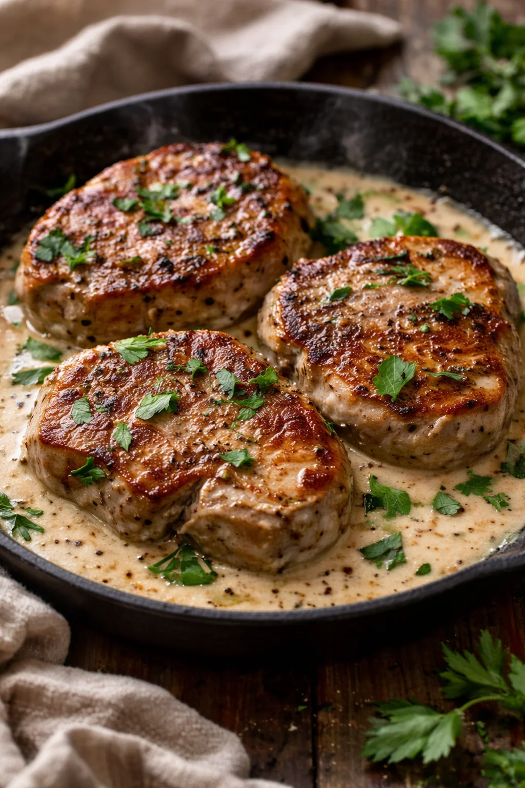 Creamy garlic pork chops on a plate with garnishes