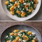 Creamy gnocchi dish with spinach and feta cheese served in a bowl.