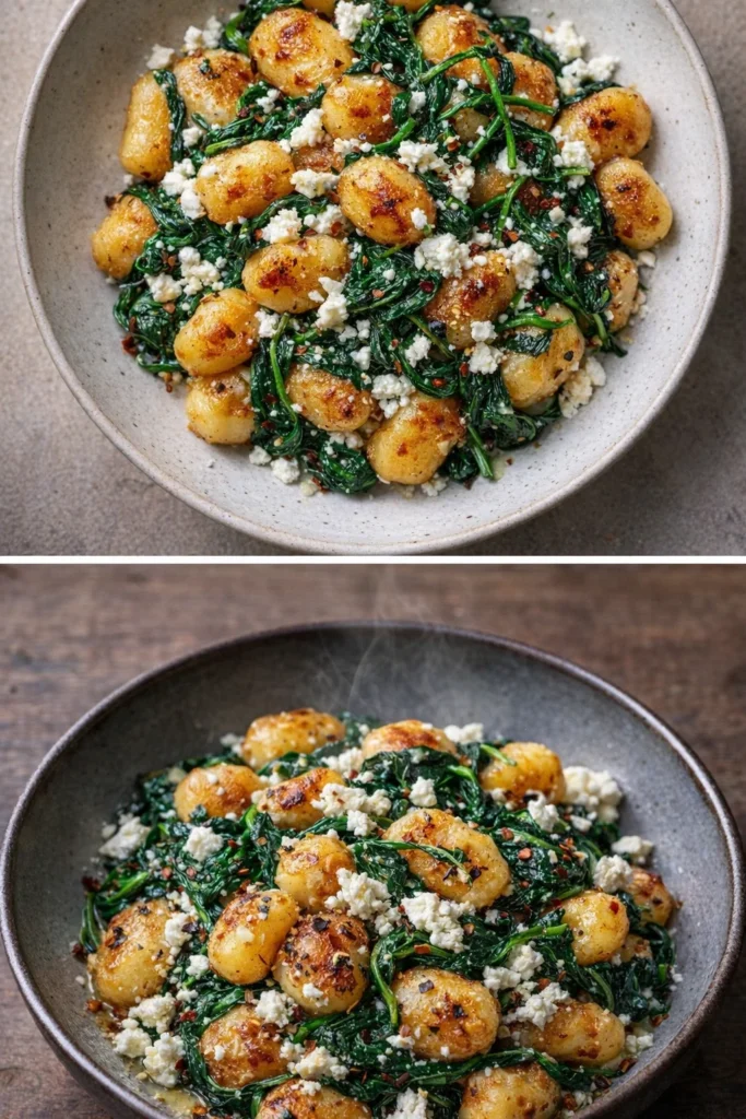 Creamy gnocchi dish with spinach and feta cheese served in a bowl.