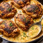 Creamy seasoned chicken thighs garnished and served on a plate