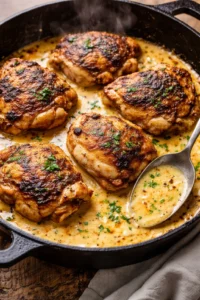 Creamy seasoned chicken thighs garnished and served on a plate