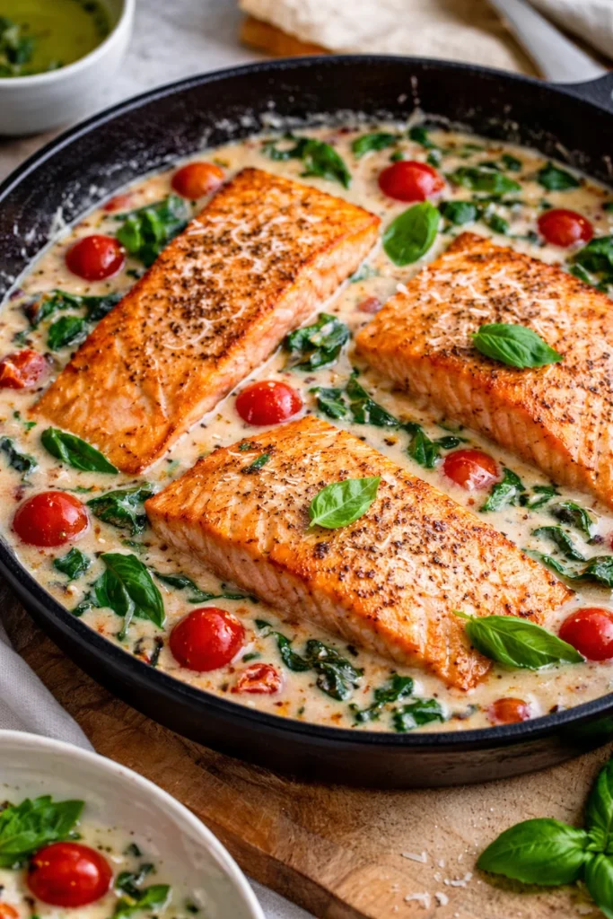 Creamy Tuscan salmon dish with fresh herbs and vegetables