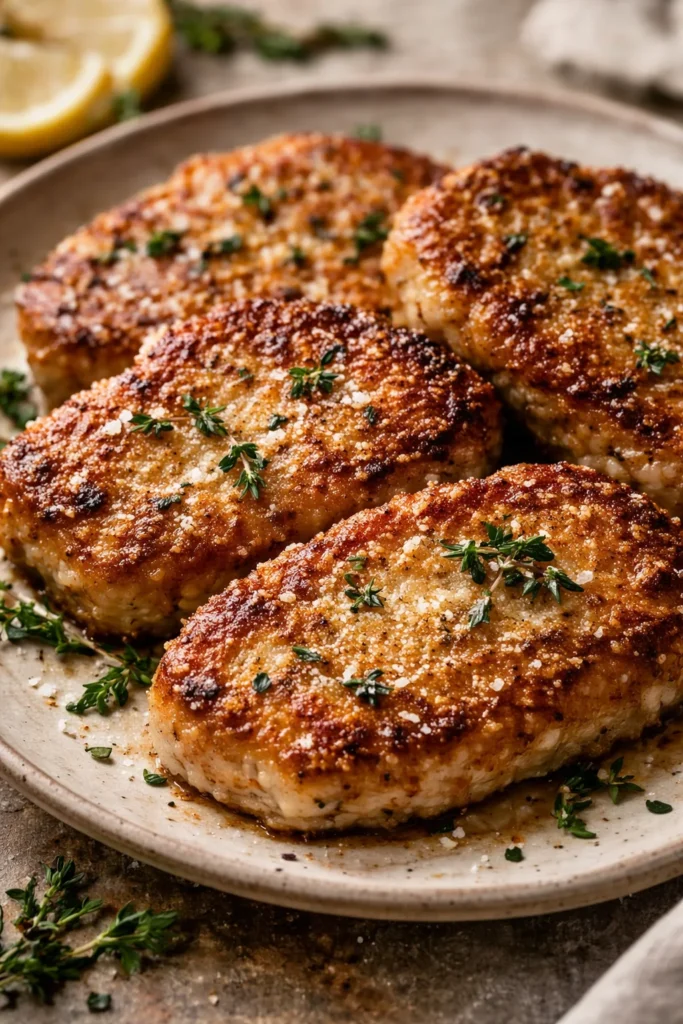 Crispy baked parmesan pork chops served with fresh herbs
