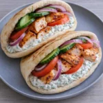 Crockpot Greek Chicken Pitas served with homemade tzatziki sauce