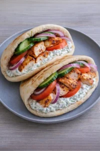 Crockpot Greek Chicken Pitas served with homemade tzatziki sauce