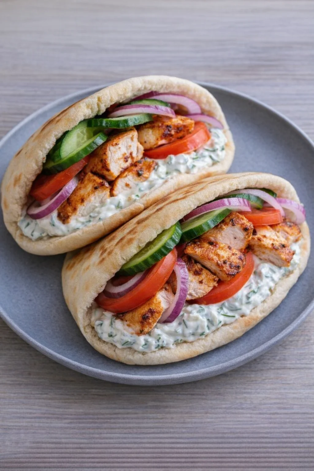 Crockpot Greek Chicken Pitas served with homemade tzatziki sauce