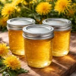 A jar of homemade dandelion jelly with dandelion flowers in the background.