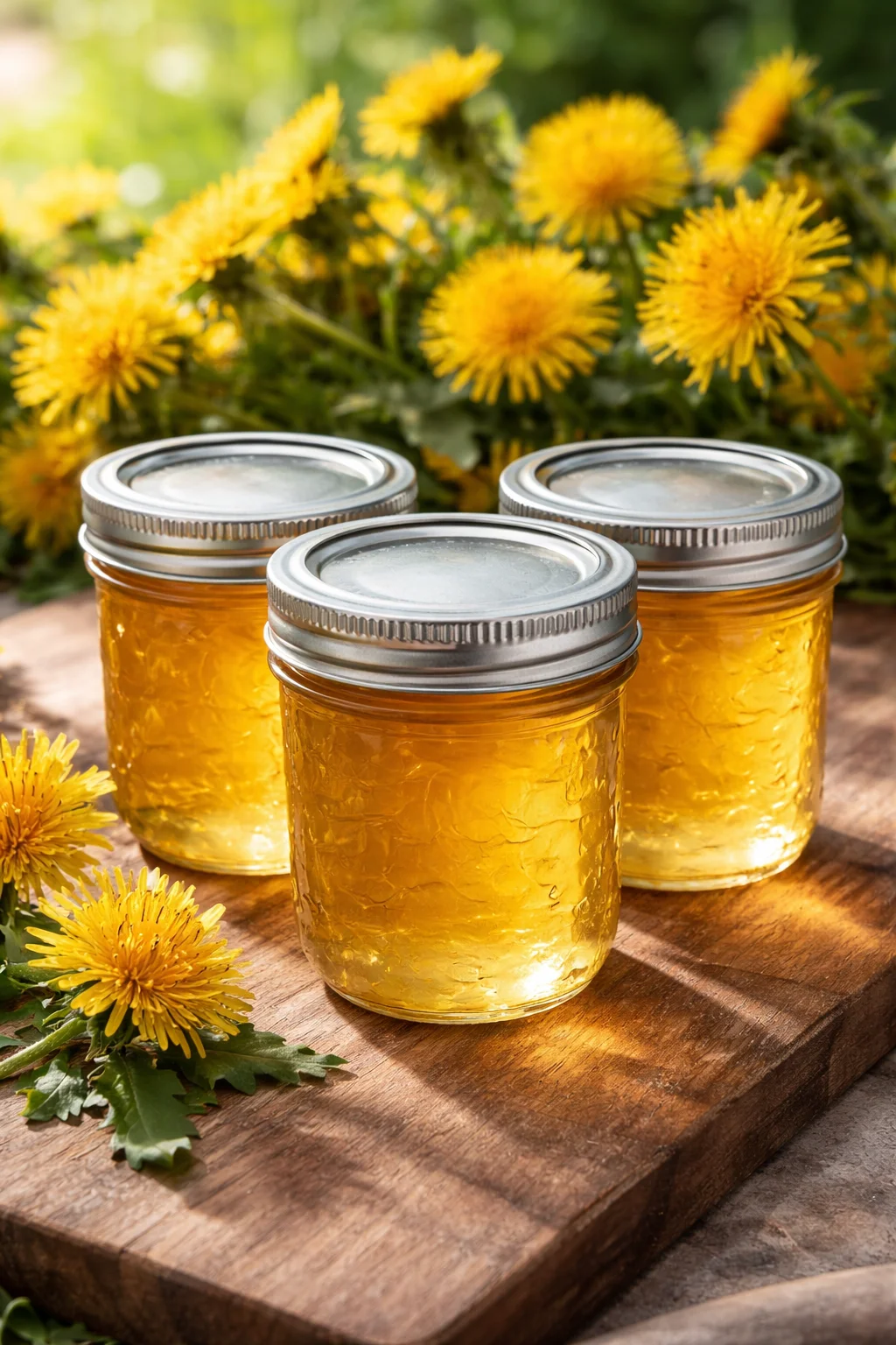 A jar of homemade dandelion jelly with dandelion flowers in the background.