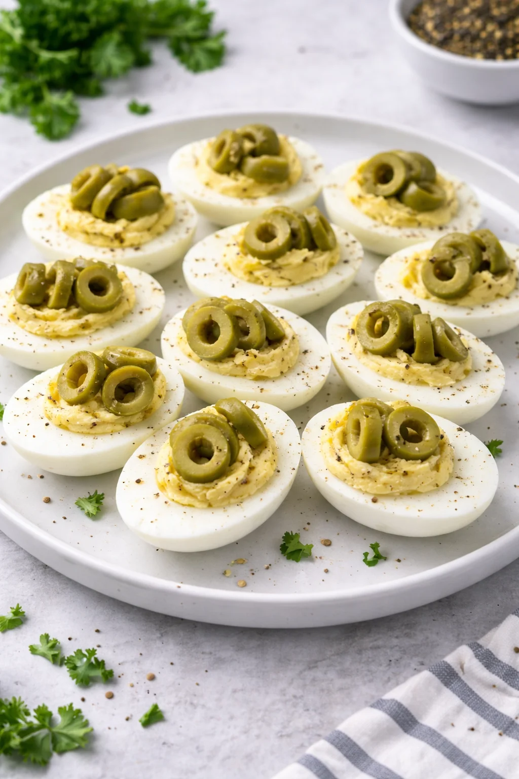 Dirty Martini Deviled Eggs appetizer with olives and garnish