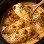 Delicious Easy Crockpot Marry Me Chicken recipe served with herbs and cheese