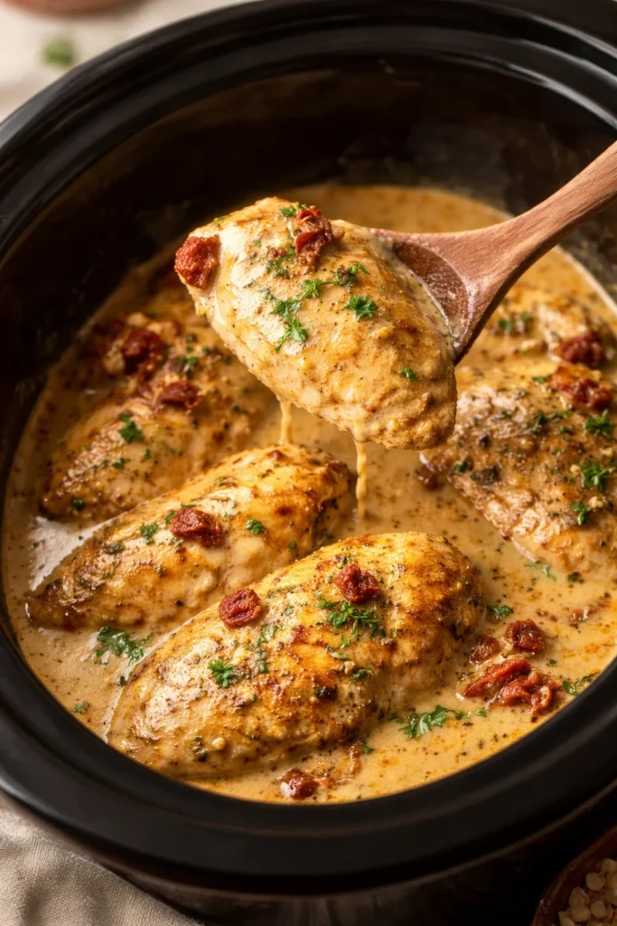 Delicious Easy Crockpot Marry Me Chicken recipe served with herbs and cheese