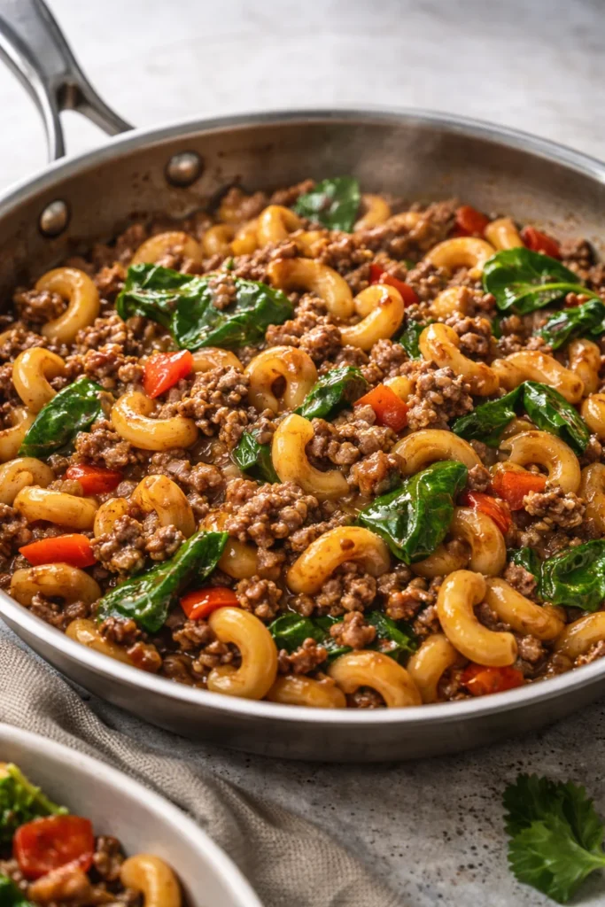 Healthy Mac and Beef dish served in a bowl with fresh ingredients.