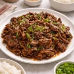 Delicious Easy Korean Bulgogi served with rice and vegetables