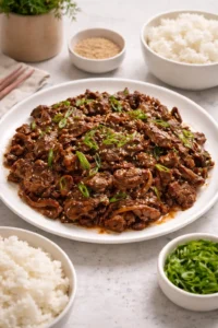 Delicious Easy Korean Bulgogi served with rice and vegetables