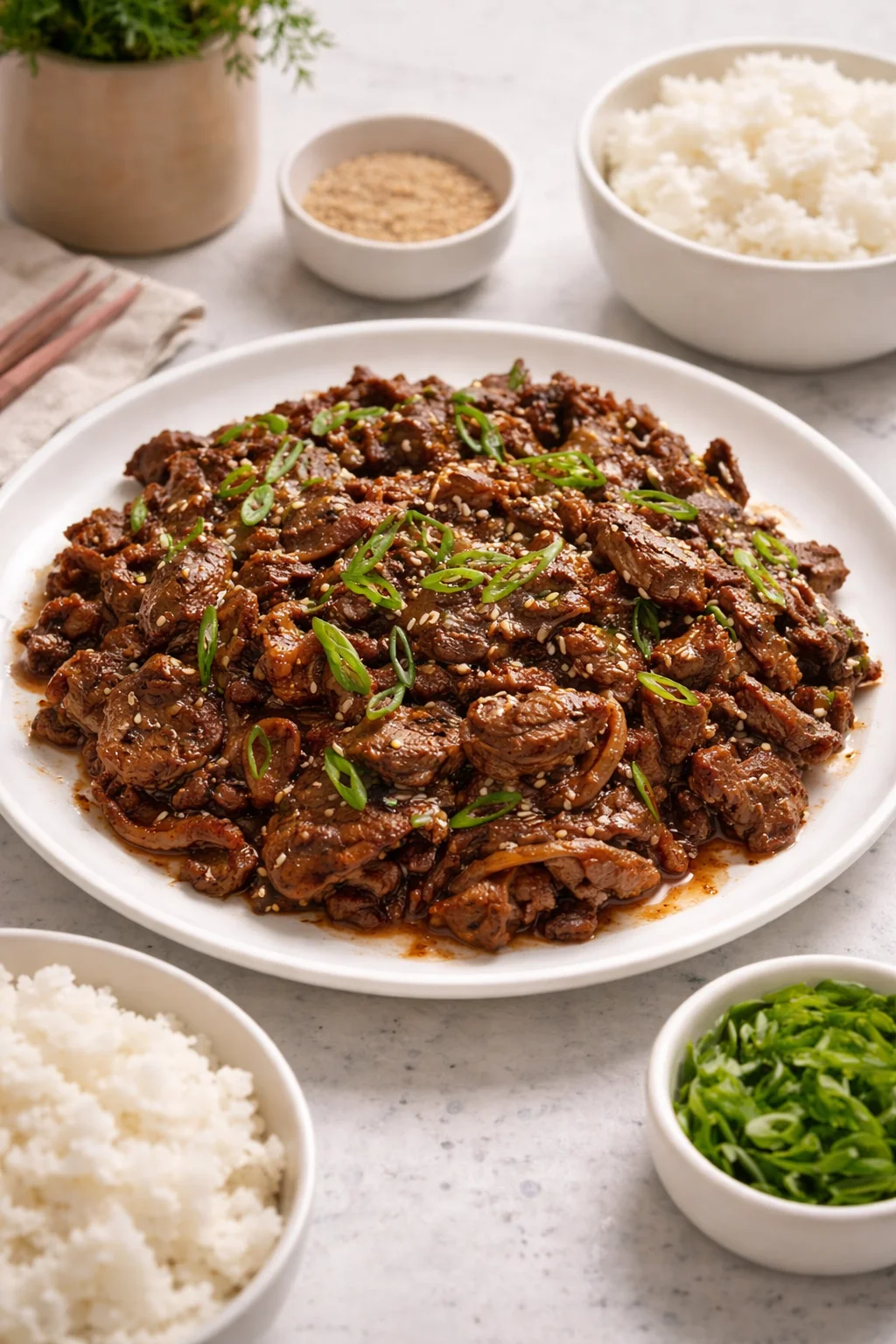 Delicious Easy Korean Bulgogi served with rice and vegetables