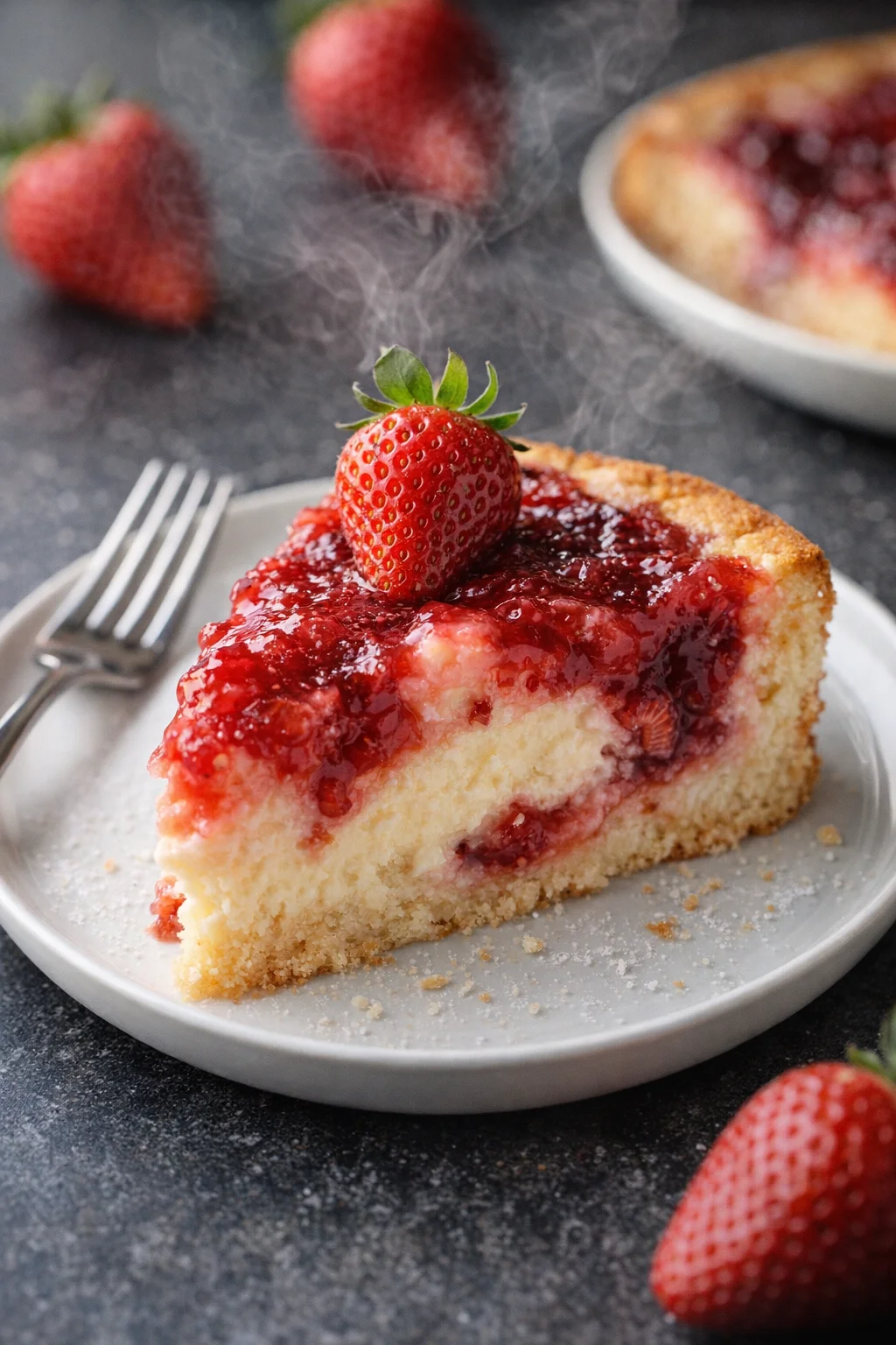 Easy Strawberry Cheesecake Dump Cake topped with fresh strawberries