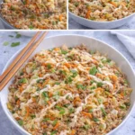 Delicious egg roll in a bowl served with colorful vegetables and savory meat.