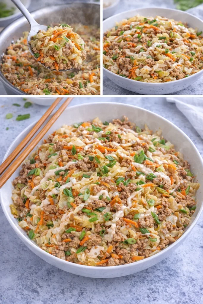 Delicious egg roll in a bowl served with colorful vegetables and savory meat.