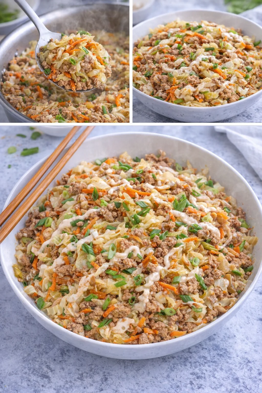 Delicious egg roll in a bowl served with colorful vegetables and savory meat.