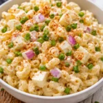 Flavorful deviled eggs pasta salad served in a bowl with garnishes