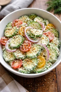A fresh cucumber salad with everything bagel seasoning for a tasty twist