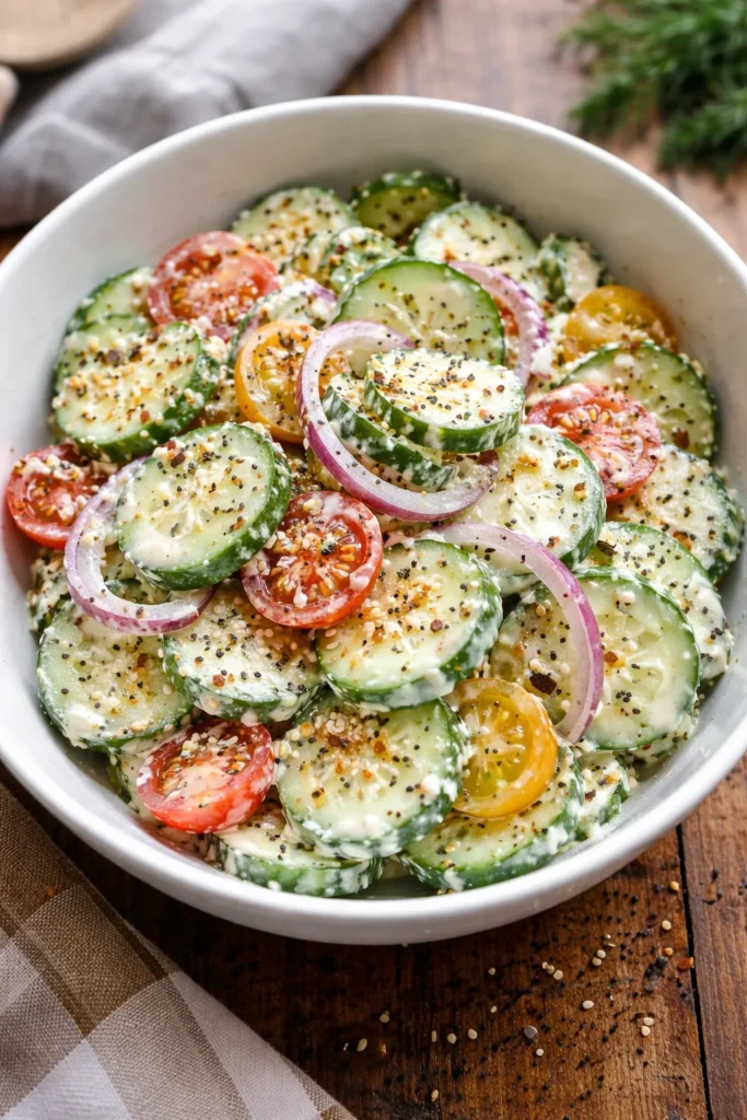 A fresh cucumber salad with everything bagel seasoning for a tasty twist