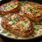 Delicious Garlic Parmesan Pork Chops served on a plate with herbs