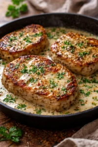 Delicious Garlic Parmesan Pork Chops served on a plate with herbs